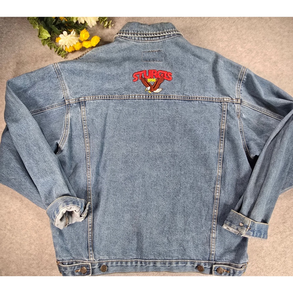 Top Line Denim Jacket Mens XL Sturgis 1996 Eagle Embroidered Trucker Vtg 90s